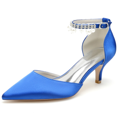 Royal Blue Satin Kitten Heels D'orsay Pumps With Pearl Ankle Strap Wedding Shoes
