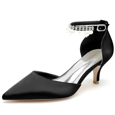 Black Satin Kitten Heels D'orsay Pumps With Pearl Ankle Strap Wedding Shoes