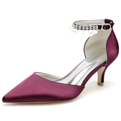 Burgundy Satin Kitten Heels D'orsay Pumps With Pearl Ankle Strap Wedding Shoes