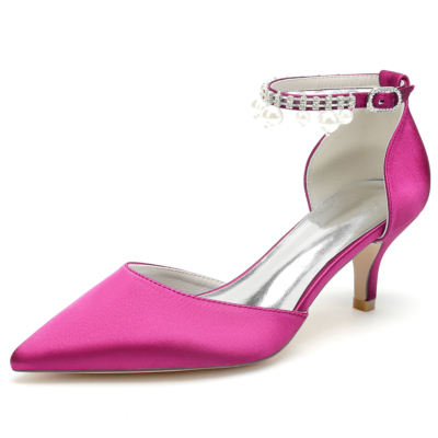 Fuchsia Satin Kitten Heels D'orsay Pumps With Pearl Ankle Strap Wedding Shoes