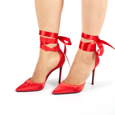 Red Satin Lace-up D'orsay Pointy Toe Heeled Wedding Pumps
