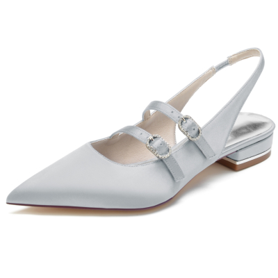 Silver Satin Mary Jane Slingback Pointed Toe Flat Shoes