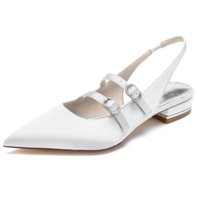 White Satin Mary Jane Slingback Pointed Toe Flat Shoes