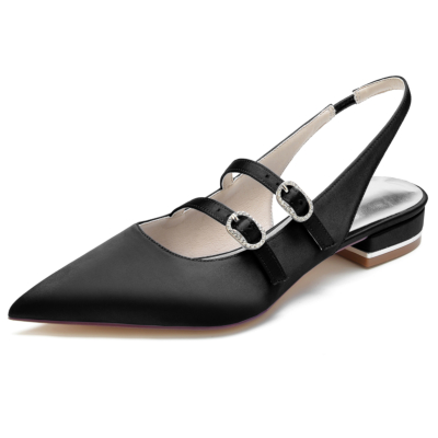 Black Satin Mary Jane Slingback Pointed Toe Flat Shoes