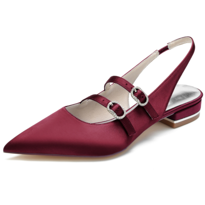 Burgundy Satin Mary Jane Slingback Pointed Toe Flat Shoes
