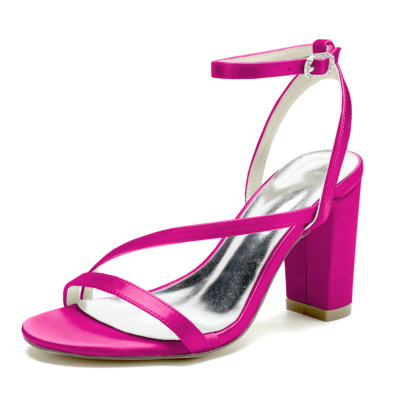 Pink Satin Open Toe Chunky Heel Ankle Strap Sandals for Women