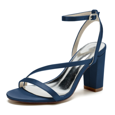 Navy Satin Open Toe Chunky Heel Ankle Strap Sandals for Women