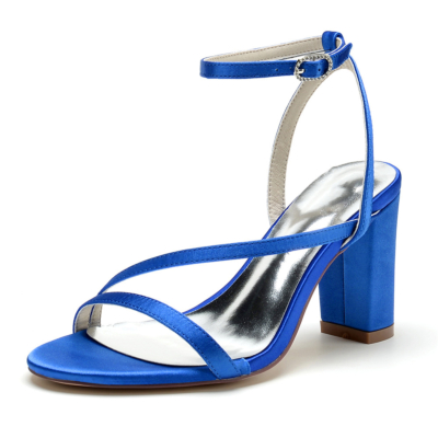 Royal Blue Satin Open Toe Chunky Heel Ankle Strap Sandals for Women