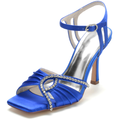 Royal Blue Satin Open Toe Rhinestone Cut out Stiletto Heel Ankle Strap Sandals