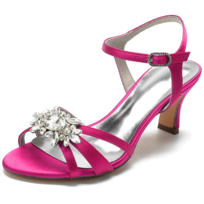 Pink Satin Open Toe Rhinestone Slingback Heel Sandals Wedding Shoes
