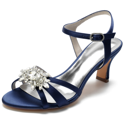 Navy Satin Open Toe Rhinestone Slingback Heel Sandals Wedding Shoes
