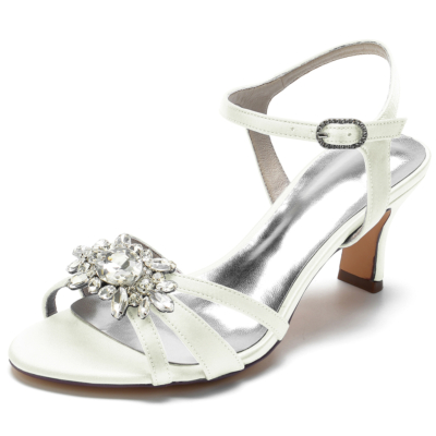 Ivory Satin Open Toe Rhinestone Slingback Heel Sandals Wedding Shoes