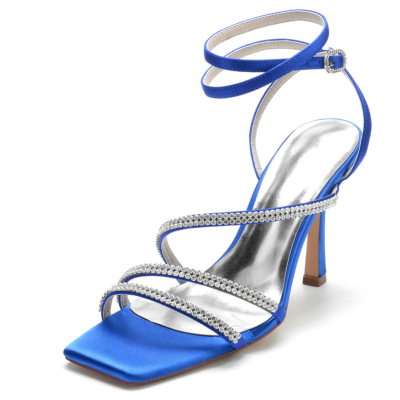Royal Blue Satin Open Toe Rhinestone Stiletto Heel Strappy Party Sandals