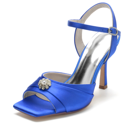 Royal Blue Satin Open Toe Stiletto Heel Rhinestone Flowers Ankle Strap Sandals