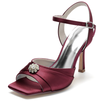 Burgundy Satin Open Toe Stiletto Heel Rhinestone Flowers Ankle Strap Sandals