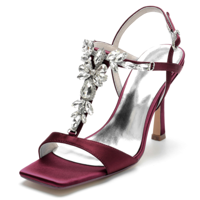 Burgundy Satin Open Toe Stiletto Jewelry Embellished Heels T Strap Sandals for Party