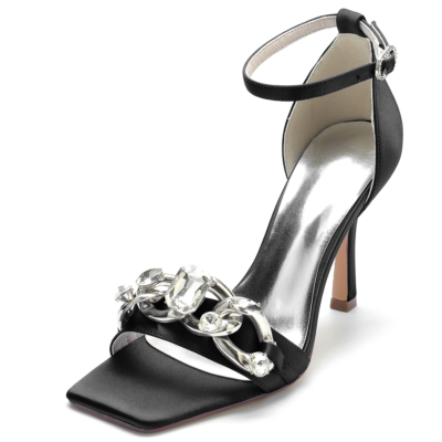 Black Satin Oversize Chain Detail Ankle Strap Stiletto Heel Sandals