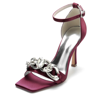 Burgundy Satin Oversize Chain Detail Ankle Strap Stiletto Heel Sandals