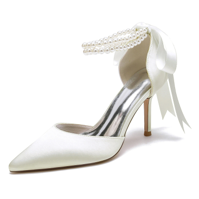 Satin Pearl Ankle Strap Pointed Toe Stiletto Heel Lace up Wedding Shoes