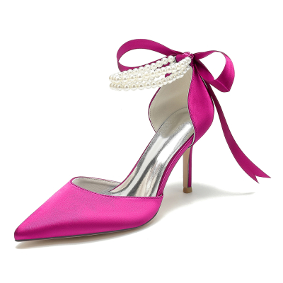 Magenta Satin Pearl Ankle Strap Pointed Toe Stiletto Heel Lace up Wedding Shoes