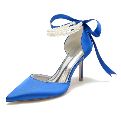 Royal Blue Satin Pearl Ankle Strap Pointed Toe Stiletto Heel Lace up Wedding Shoes