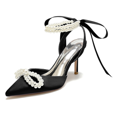 Black Satin Pearl Bow Pointed Toe Stiletto Heel Ankle Strap Wedding Sandals