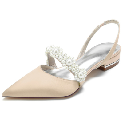Champagne Satin Pearl Embellishments Flats Pointed Toe Slingbacks Bridal Flat Shoes