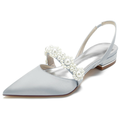 Grey Satin Pearl Embellishments Flats Pointed Toe Slingbacks Bridal Flat Shoes