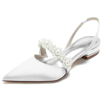 White Satin Pearl Embellishments Flats Pointed Toe Slingbacks Bridal Flat Shoes