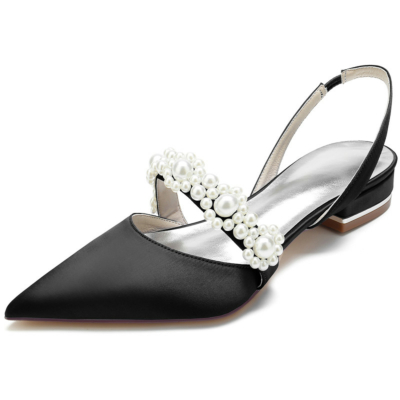 Black Satin Pearl Embellishments Flats Pointed Toe Slingbacks Bridal Flat Shoes