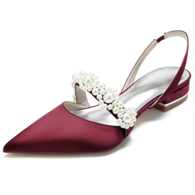 Burgundy Satin Pearl Embellishments Flats Pointed Toe Slingbacks Bridal Flat Shoes