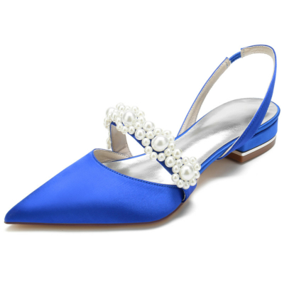 Royal Blue Satin Pearl Embellishments Flats Pointed Toe Slingbacks Bridal Flat Shoes