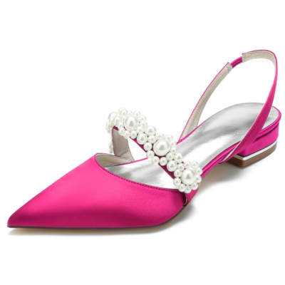 Magenta Satin Pearl Embellishments Flats Pointed Toe Slingbacks Bridal Flat Shoes