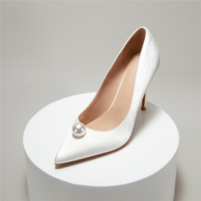 White Satin Pearls Wedding Pumps Closed-Toe Stiletto Bridal Shoes
