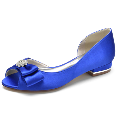 Royal Blue Satin Peep Toe Flat Shoes Bow Comfortable Wedding Shoes