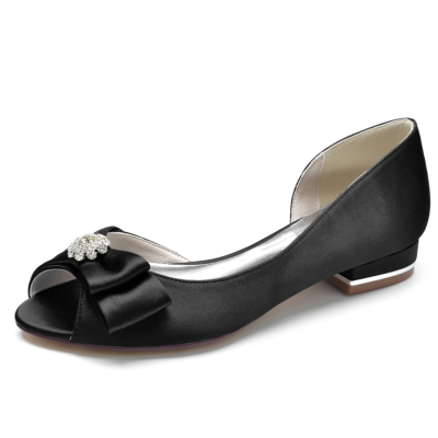 Black Satin Peep Toe Flat Shoes Bow Comfortable Wedding Shoes