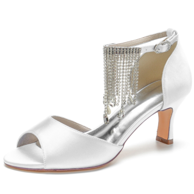 Women's White Satin Peep Toe Rhinestone Fringe Ankle Strap Heel Sandals