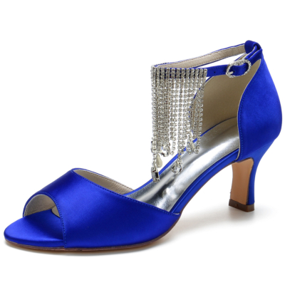 Women's Royal Blue Satin Peep Toe Rhinestone Fringe Ankle Strap Heel Sandals