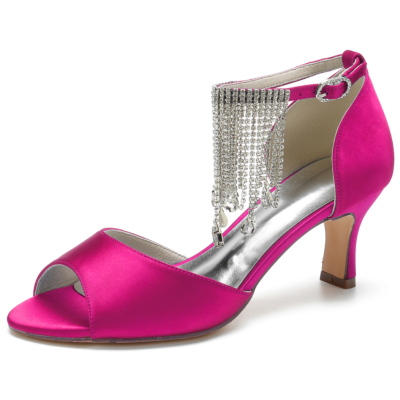 Women's Pink Satin Peep Toe Rhinestone Fringe Ankle Strap Heel Sandals