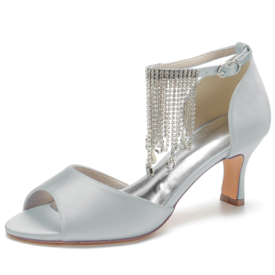 Women's Silver Satin Peep Toe Rhinestone Fringe Ankle Strap Heel Sandals