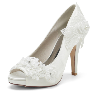 Beige Satin Peep Toe Wedding Shoes Floral Platform Block Heels Bridal Pumps