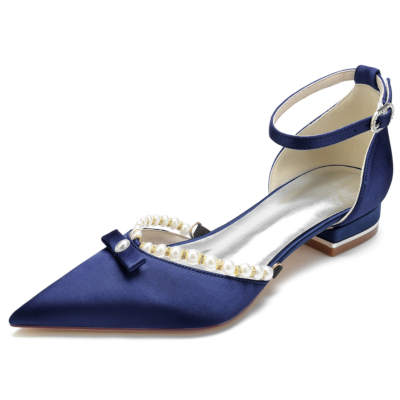 Navy Satin Pointed Toe Ankle Strap Pearl and Bow Wedding Flats