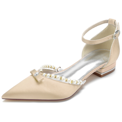 Champange Satin Pointed Toe Ankle Strap Pearl and Bow Wedding Flats