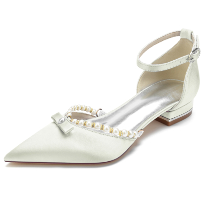 Ivory Satin Pointed Toe Ankle Strap Pearl and Bow Wedding Flats
