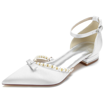 White Satin Pointed Toe Ankle Strap Pearl and Bow Wedding Flats