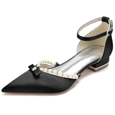 Black Satin Pointed Toe Ankle Strap Pearl and Bow Wedding Flats