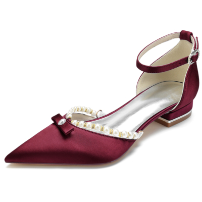 Burgundy Satin Pointed Toe Ankle Strap Pearl and Bow Wedding Flats