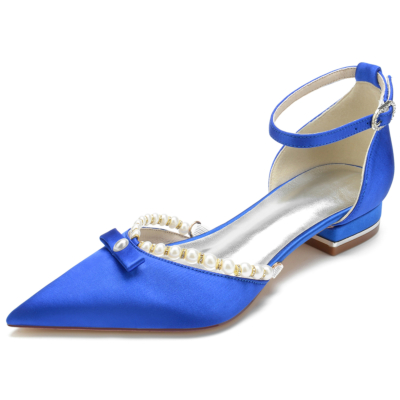 Royal Blue Satin Pointed Toe Ankle Strap Pearl and Bow Wedding Flats
