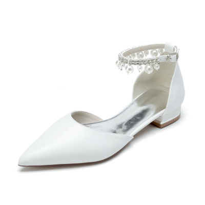 White Satin Pointed Toe Pearl Ankle Strap Wedding Flat Shoes