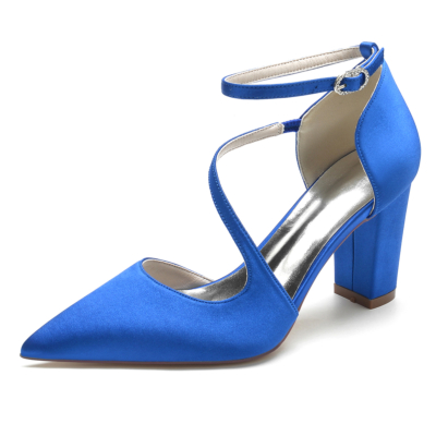 Royal Blue Satin Pointed Toe Chunky Heel Ankle Strap Pumps Wedding Shoes